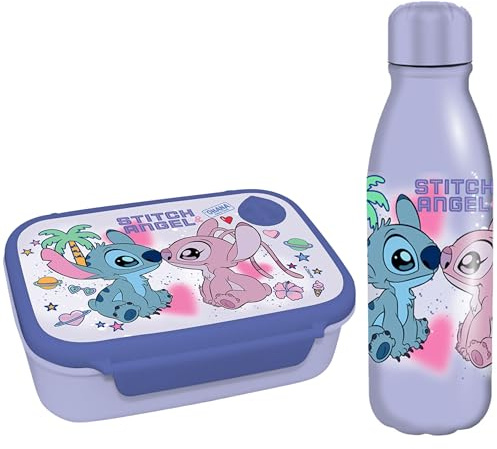 Diakakis Disney Stitch & Angel Set de fiambrera y botella de agua de aluminio para niños – Set de almuerzo escolar sin BPA para niños y niñas, caja de sándwich de 800ml y botella de bebidas de 500ml