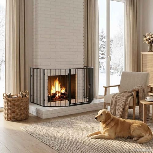 Kaloriko Cloture de cheminee pour Animaux de Compagnie en Acier Noir, Pare feu Grille ecran Protection Barriere etincelle Flamme securite Chaleur, 123 x 123 x 76 cm, Porte pivotante