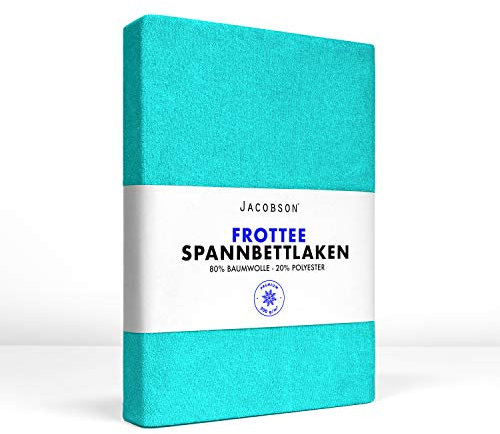 Jacobson Premium FROTTEE Spannbettlaken Spannbetttuch Bettlaken Baumwolle ca. 200g/m² (180-200x220cm + 40cm, Türkis)