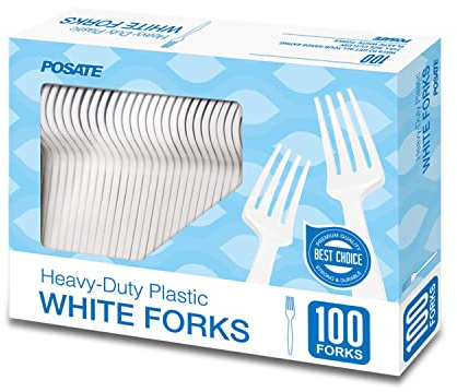 POSATE Heavyweight Plastic Forks, White, 100 Counts