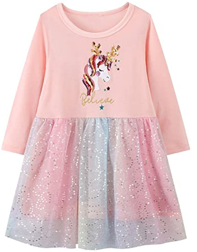 Baogaier Fille Robe Enfant Printemps Automne Manche Longue Coton Rose Licorne Paillette Princesse Brillante Broderie Tulle Chic Tunique Elegante Filles Anniversaire Vêtements 5-6 Ans
