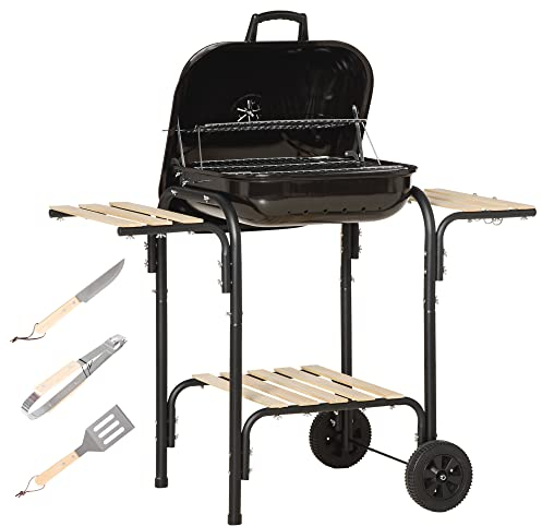 Outsunny Barbecue à charbon BBQ avec 2 roues, ustensiles, couvercle et étagères dim. 113L x 62l x 97H cm - métal émaillé noir