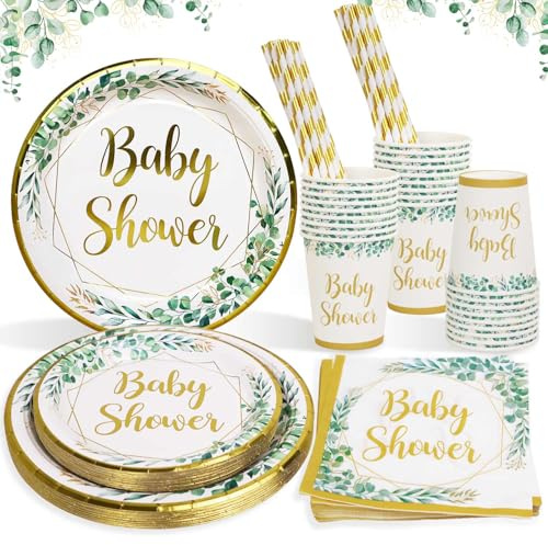 Juego de platos neutros para baby shower verde salvia para 25 invitados, 125 platos de papel, tazas, servilletas, pajitas, vajilla para baby shower, cumpleaños, despedida de soltera, despedida de