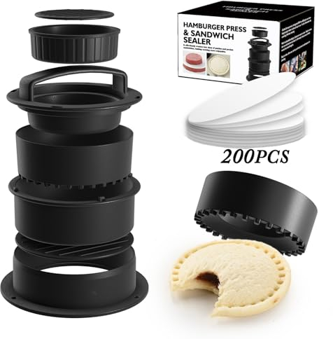 Skoye Pressa Hamburger 4 in 1 + 200 Fogli di Carta Antiaderente - Strumento Multifunzionale per Creare Hamburger Perfetti a Casa, Stampi e Pressa di qualità per Cucina Casalinga, BBQ e Grill
