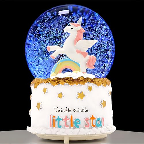 Liuer Schneekugel mit Musik Spieluhr Kristallkugel Glimmerkugel Glas Glitzerkugel Schneeflocke Weihnachtskarussell Deko Schneekugel mit Einhorn für Geburtstag Valentinstag Weihnachten(weiß)