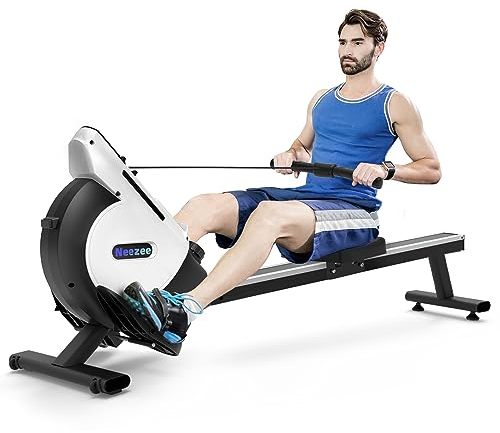 Neezee Rudergerät mit 16-stufigem Magnetwiderstand, Super Silent Rudergerät mit LCD-Display, Gleitschiene aus Aluminium und Tablethalterung, Verbessertes Rudergerät für zuhause, Silber