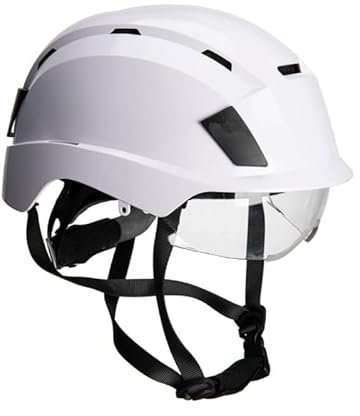 Portwest PS80 Integrated Visor Helmet Safety Head Protection ABS EPS Polycarbonate Shell Integrated Retractable Visor Wheel Ratchet Vented Cooling Airflow Lateral Deformation CE Certified, White