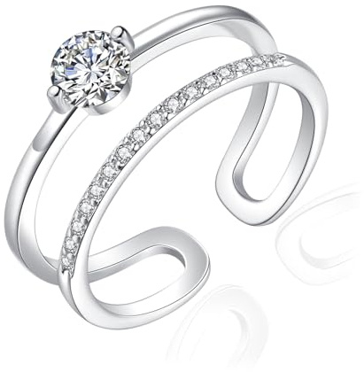 Josfeva Silverringar för kvinnor, 925 sterling silver dubbel ring Infinity omlottring med zirkon, justerbar minimalistisk fingerringar, trendig stapelbar tumring knuckle ringar med presentförpackning,