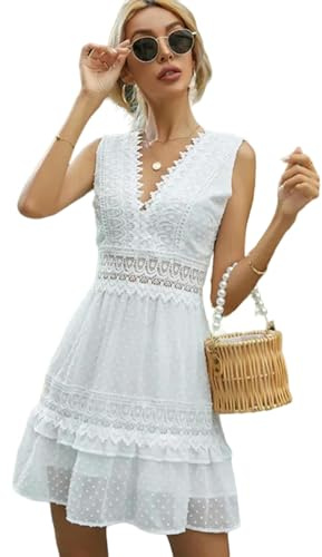 TEidea Vestito Donna Elegante Abito in Pizzo Bianco Estivo Mini Tank Dress, Senza Maniche Abito da Festa Senza Schienale, Retro Modello Volant Gonna