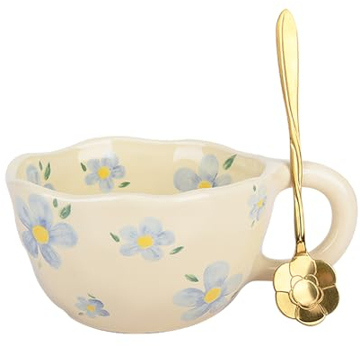 XinHuiGY Tasse céramique fleur, Cadeau femme original utile, tasse à café, tasse the kawaii, Cute mug avec cuillère, tasses esthétiques créative, cadeau mamie, anniversaire femme, noel (Bleu)