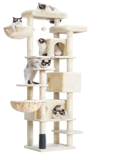 Hey-brother Kratzbaum, 188 cm Katzenbaum, XXL Kletterbaum mit 2 groß Plattform, 3 Höhlen, 2 Korb, Plüschbälle und Sisal Kratzbäume, mehrstöckiger Katzenkratzbaum, Beige MPJ035-MM