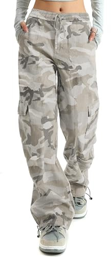 HVEPUO Camo Pants Women High Waisted Wide Leg Casual Y2K Camoflage Cargo Pants Baggy Elastic Waist Straight Jeans Trousers Grey Camo L