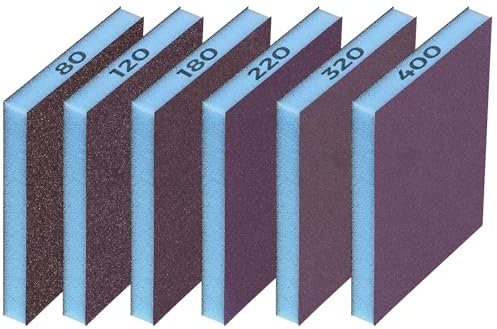 STEBRUAM 6 esponjas de Lijado, 80/120/180/220/320/400, 6 Almohadillas de Lijado de Diferentes especificaciones, Lavables y Reutilizables, Paquete de Papel de Lija para Metal, Madera y Pared