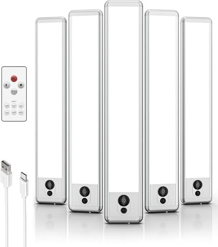 EZVALO Under Cabinet Kitchen Lights, 5 Pack of 5700K Dimmable Wireless Motion Sensor Lights Indoor with Remote Control, 23cm USB-C Rechargeable LED Night Lights for Kitchen,Wardrobe and Cupboard