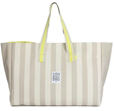 Ponette - Bolsa de Playa Familiar XXL de Rayas Tostado y Arena con Asas Amarillo y Crudo, Forro, Bolsillo, Cintas para Cierre, Playa, Piscina, Tote, Marca Española