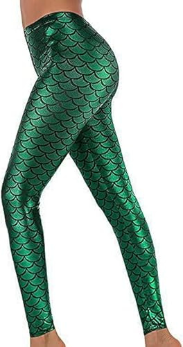 SXME MIGHT SAY Women's Shiny Mermaid Fish Scale Leggings – Stylish Slim Fit Stretchy Pants (UK, Numeric, 8, 22, Regular, Regular, M/L (12-14), Green)