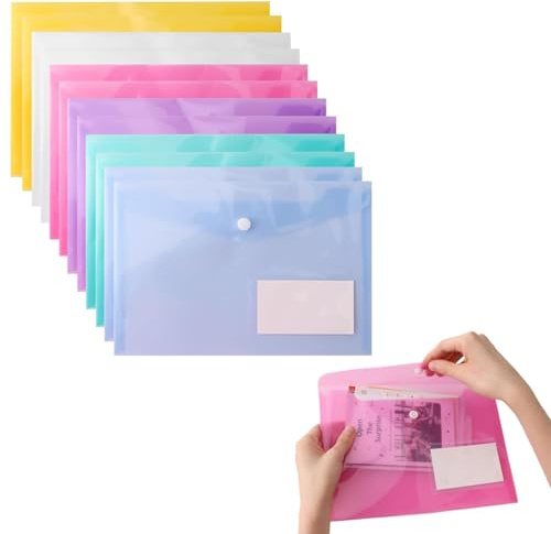 Pochette Plastique Classeur A5 Couleur, Lot de 12 Porte Documents Classeur A5 Transparente avec Bouton Porte-Documents Imperméable Organisation pour Voyage Famille Bureau Déposer (24 x17 cm)