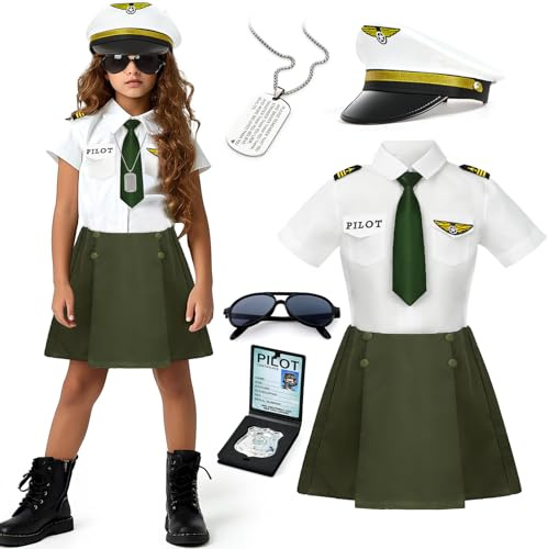 Tacobear Déguisement Pilote Enfant Aviateur Capitaine Uniforme Tenue avec Casquette de Pilote Lunettes de Soleil Deguisement Carnaval Halloween Costume pour Fille (130, 6-7 Ans)