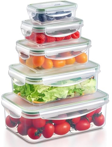 Yabano Contenitori per alimenti con coperchio, 5 pezzi, in plastica, senza BPA, per frigorifero/congelatore, per la conservazione e l'organizzazione della cucina, a prova di perdite, impilabili