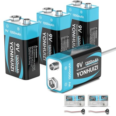 Lot de 4 piles rechargeables 9 V 1300 mAh, batterie lithium-ion carrée 9 V + câble de charge USB-C + connecteur à boucle 9 V avec boîte de rangement pour détecteurs de fumée, expériences étudiantes ou
