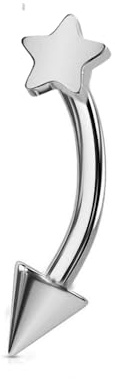 Jewel Barrel Star Curved Barbell - 16G (1.2mm) Surgical Steel Rook Daith Eyebrow Piercing - 8mm Vertical Lip Bar with Fixed Star & Cone End - Silver, Gold, Black (Silver)