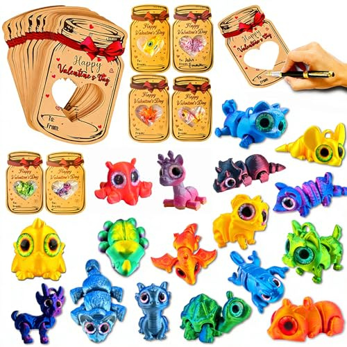 HOM2SAMSY Valentines Day Gifts for Kids - 24 Pack 3D Printed Animals with Valentines Cards, Mini 3D Animal Toys Perfect for Classroom Exchange, Party Favors, School Prizes & Stress Relief Fidget Toys