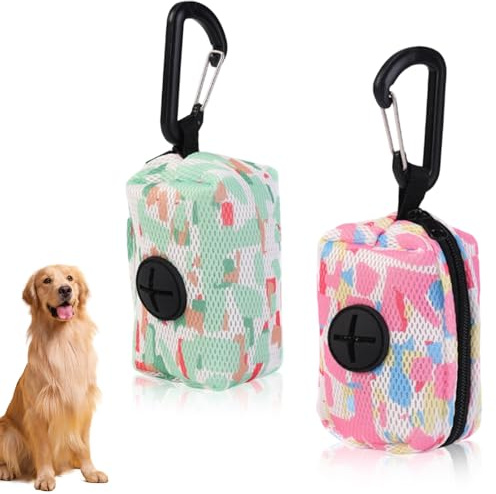2 soportes para bolsas de excrementos de perro, dispensador de bolsas de excrementos de perro con mosquetón, compatible con la mayoría de las bolsas de basura estándar, Rosa, verde