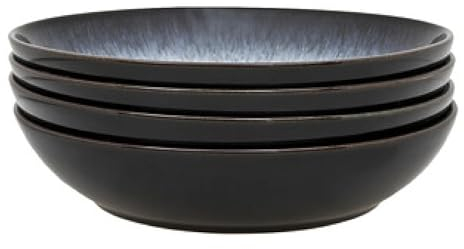 Denby - Halo Pasta Bowls Set of 4 - Reactive Glaze Dishwasher Microwave Safe Crockery 1050ml - Black, Grey Ceramic Stoneware Tableware - Chip & Crack Resistant