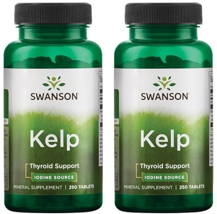 Swanson Kelp - Natural Iodine Source Supporting Thyroid Health - Mineral Supplement w/Iodine Source Standardized 0.4% - (250 Tablets, 225mcg Each) (2 Pack)