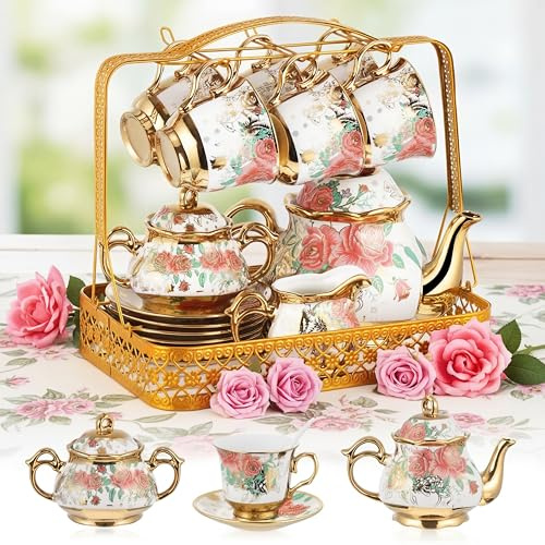 Suttmin 22 Pcs Vintage Porcelain Tea Sets for 6, White Rose Floral