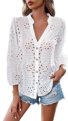 YCBMINGCAN Camisa de ganchillo bohemia para mujer, mangas de globo, encaje, ojales, camisa, blusa, traje tradicional, Blanco, L