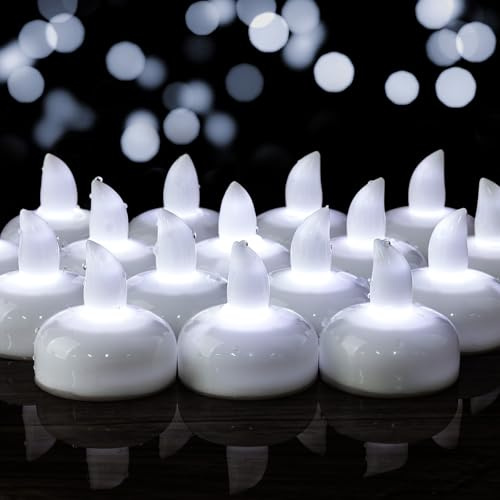Yakpo 48 Pack Flameless Waterproof Outdoor LED Floating Tea Lights | Battery operated white flickering electric votive candles bulk for wedding table home spa holiday centerpiece decoration