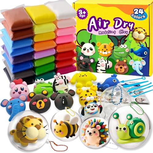 Air Dry Clay Set,24 Farben Modelliermasse Lufttrocknend mit 5 Knete Zubehör,4 Plastikkugeln zum Befüllen,Kugelketten und Tutorials,kinderknete Set,Kunsthandwerk Geschenk für kinder,Foam Clay