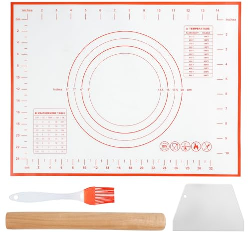 HMIEPRS Set de 4 Rodillo de Amasar y Tapete de Silicona para Hornear con Cepillo y Raspador de Masa, Antideslizante Estera para Enrollar la Masa y Rodillo de Madera para Repostería Pizza Galletas