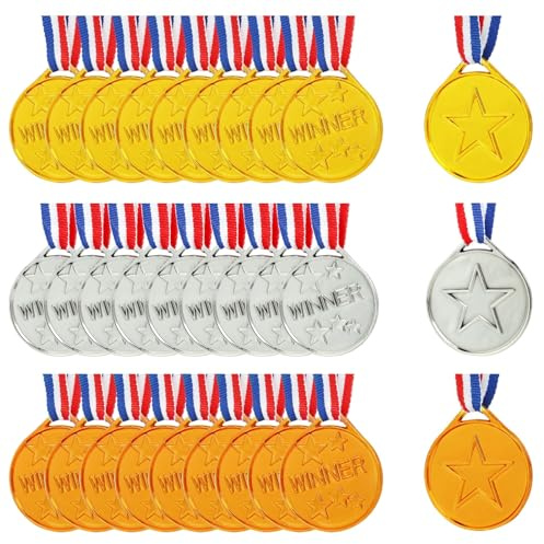 Medallas Niños, 30 Piezas Ganador Medallas, Medallas de Oro Medallas de Plata Medallas de Bronce con Cintas, Medallas de Plástico Dorado para Cumpleaños Niños, Festival, Día del Deporte Escolar