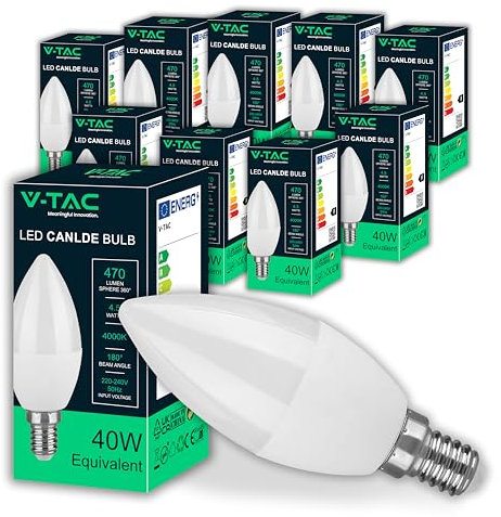 V-TAC 10x Lampadine LED Candela E14-4,5W (Equivalenti a 40W) - Lampadine di Nuova Generazione - 470 Lumen - Massima Efficienza e Risparmio Energetico - 4000K Luce Bianca Naturale