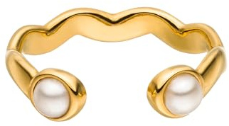 Purelei® Dewdrop - Anello regolabile con perle di conchiglia, in acciaio inox placcato oro 18 carati, argento e oro rosa, misura 10-60, elegante anello da donna, Personnalisable, Acciaio inossidabile