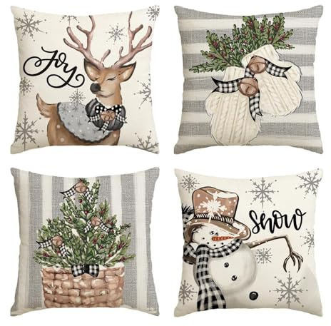 HuaMuDM 4 Piezas Fundas Almohadas Navideñas,Funda Cojin Navidad,Decorativos para Sofa,Cojin Decorativa, Navidad Fundas Cojines,Decorativos Navideñas para Cojines