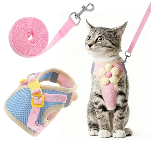 Pink Cat Harness and Leash Set, Cute Kitten Harness for Escape Proof, Small Breathable Vest Cat Walking Harnessfor Kitten, Puppy, Pet Outdoor Travel, XS