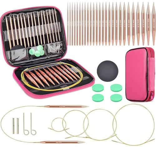 Set di 13 paia di ferri da maglia circolari intercambiabili in metallo da 3,0 a 10,0 mm - Cavo da 33 a 56 cm - Con borsa per riporre per maglieria - Regalo - Champagne