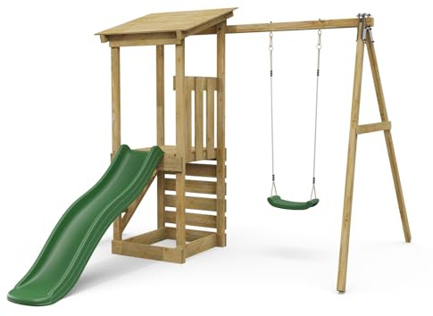 Rebo Wooden Climbing Frame Tower with Swing & 6ft Slide, Green Limited Edition Kids Outdoor Playset with Climbing Wall & Ladder | Kids' Outdoor Wooden Play Equipment Accessories Included