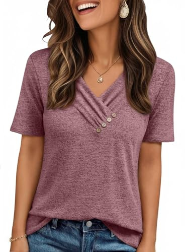 LILLUSORY Summer Tops Women UK V Neck T Shirts Short Sleeve Jumpers Elegant Blouses Oversized Ladies Loose Fit Mature Clothes Fashion Tee Capsule Wardrobe Party Work Smart Clothing Wine L