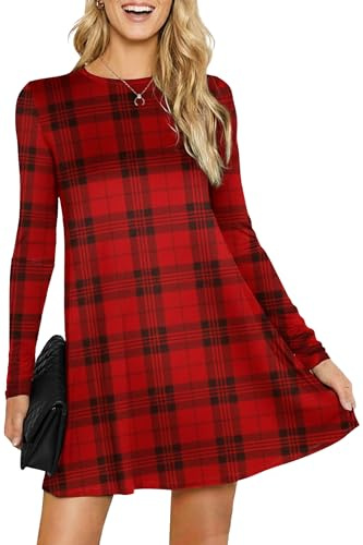 Womens Ladies Party Dresses for Women UK Long Sleeve Midi Plain Flared A line Skater Swing Dress Jersey Tee Plus Size Dress Summer Winter Red Tartan 16-18