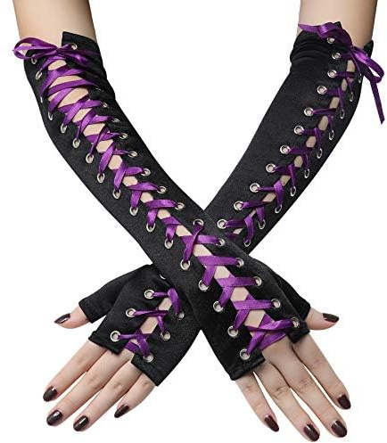 Coucoland Lace Up Fingerless Gloves Adjustable Long Gloves for Evening Party (Purple)