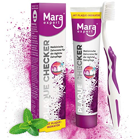 Mara Expert PLAQUE CHECKER medizinische Zahncreme mit PLAQUE ANFÄRBUNG | Lila Zahnpasta mit Whitening, Fluorid, Vitamin Komplex, Kariesschutz & extra Frische | ohne Natriumlaurylsulfat | Vegan