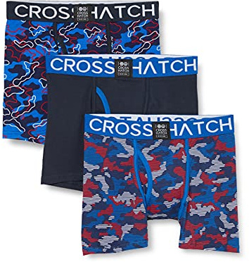 Crosshatch Men’s Linamo Boxer Shorts (Pack of 3), Soft Stretch Cotton Trunks with Signature Branded Waistband, Patterned Multi-Pack, Sizes S-XXL, Blue, Red, Teal