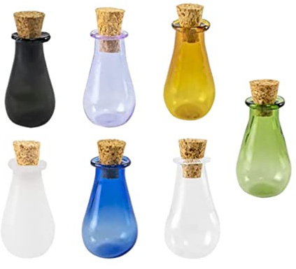 Milisten 7pcs Colored Tiny Glass Jars Mix Colored Miniature Flask Glass Bottles Empty Vials Jars with Cork Stopper for Dollhouse Decoration DIY Crafts