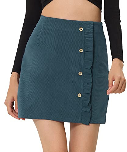 Allegra K Jupe Portefeuille en Velours côtelé Vintage pour Femmes avec Garniture à Volants et Taille Haute Bleu Poussiéreux L