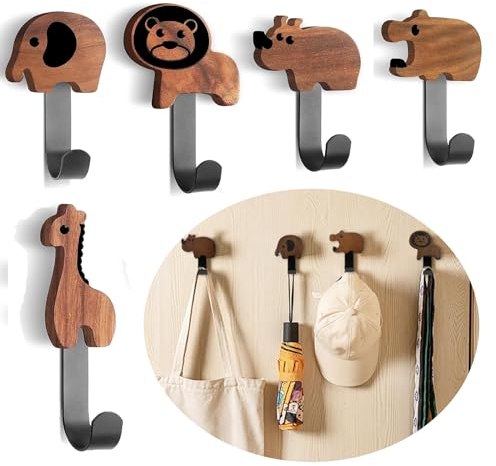Tadpolez 5 Stück garderobe kinder, Garderobenhaken Kinder,Kleiderhaken für Kinder in Tierform,Wandhaken aus Walnussholz Garderobenhaken,Kindergarderobe Wandhaken,für Kleidung Schal Hut Tasche