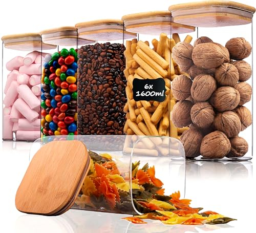 Deco haus® Bocaux de Conservation 6 pcs avec Couvercles + Étiquettes [HERMÉTIQUES] - Pour Céréales, Cornflakes, Spaghetti - Boîtes en Verre - Boîte Rangement Cuisine - Bocaux de Stockage 6x1600ml